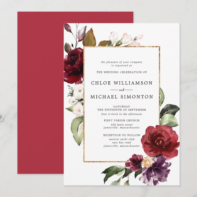 Invitación Boda Botánico Floral Rojo y Morado (Anverso / Reverso)