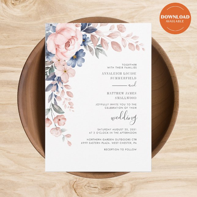 Invitación Boda Botánico Floral Rosa Moderno (Blush Pink Floral Watercolor Wedding Invitation)