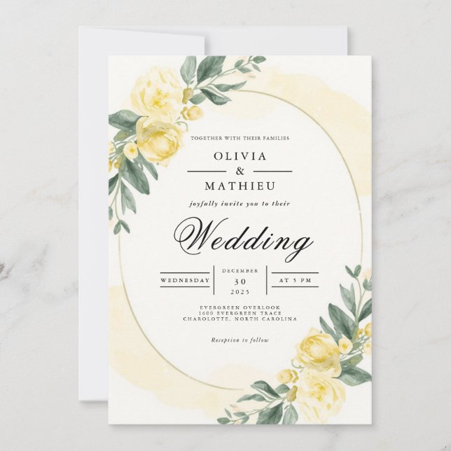 Invitación Boda botánico floral suave amarillo (Anverso)