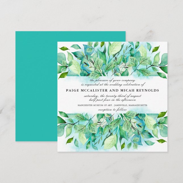 Invitación Boda botánico Foliage tropical azul turquesa (Anverso / Reverso)