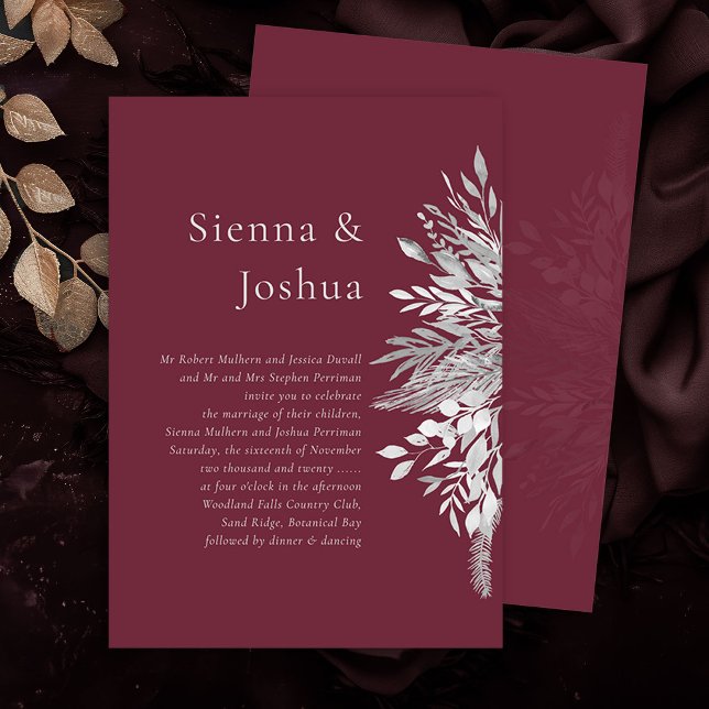 Invitación Boda Botánico Formal Simple Burgundy Gray (Wedding Invitation in burgundy and grey from the Foliage Duet Collection by Darling & May)