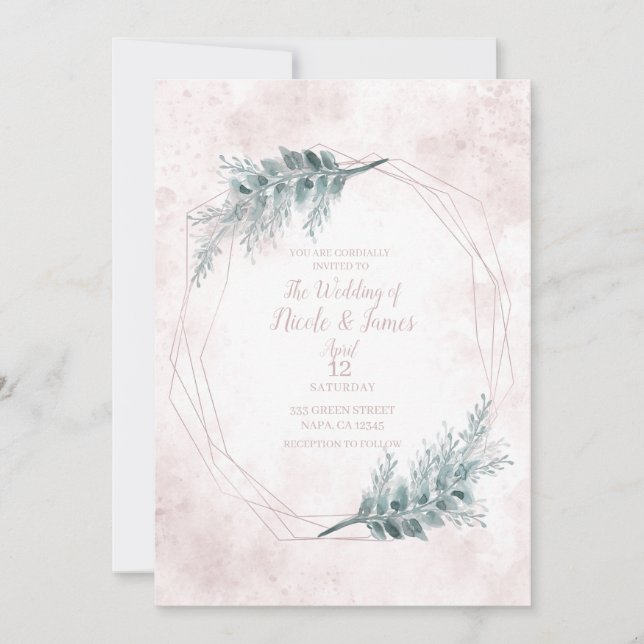Invitación Boda botánico geométrico de acuarela rosa Rubor (Anverso)