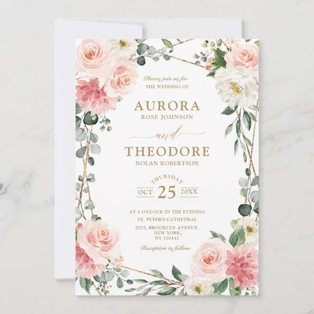 Invitación Boda botánico geométrico de oro floral rosa Rubor (Anverso)