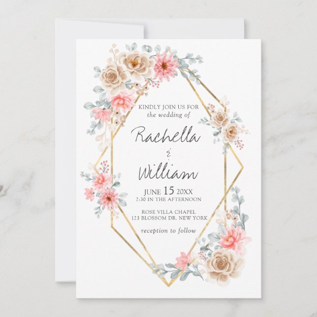 Invitación Boda botánico geométrico de oro floral rosa Rubor (Anverso)