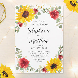 Invitación Boda Botánico Geométrico de Rosas Rojas de girasol