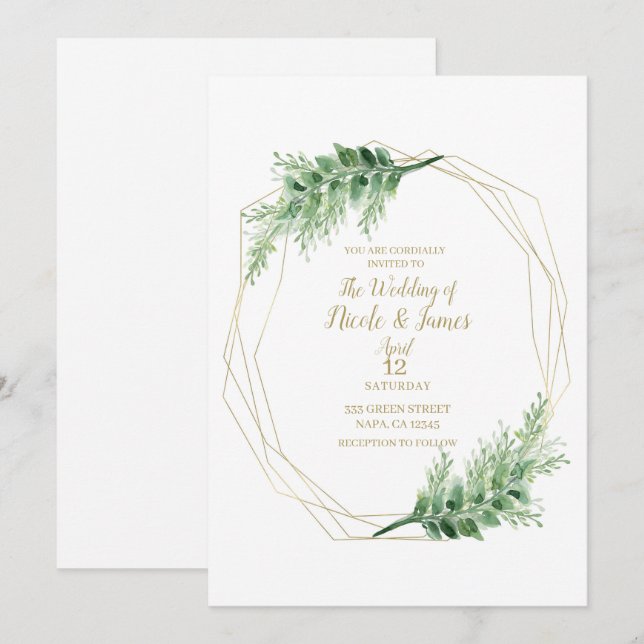 Invitación Boda Botánico Geométrico Glam Moderno Gold (Anverso / Reverso)