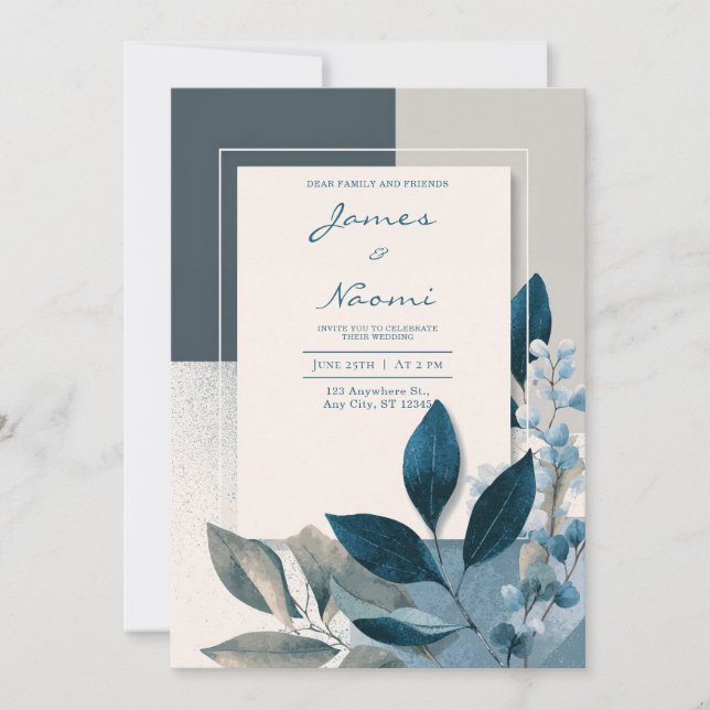 Invitación Boda Botánico Geométrico Moderno Azul & Beige (Anverso)