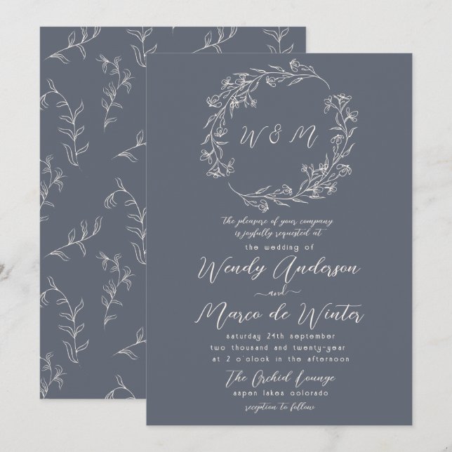Invitación Boda botánico Gris y Crema Boho Mínimo (Anverso / Reverso)