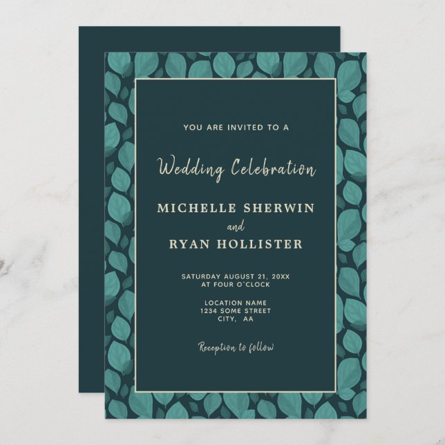 Invitación Boda botánico I del patrón elegante de hojas turqu (Anverso / Reverso)