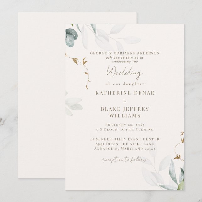 Invitación Boda botánico II de Champagne ligero (Anverso / Reverso)