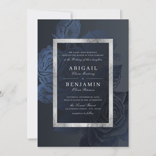 Invitación Boda botánico lujoso rosa de la marina plateado vi (Anverso)