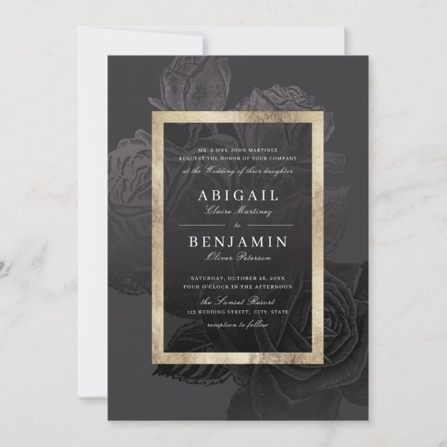 Invitación Boda botánico lujoso rosa oro negro (Anverso)
