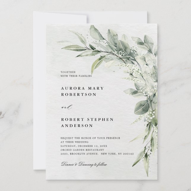 Invitación Boda Botánico Minimalista de Eucalipto Verde Sage (Anverso)