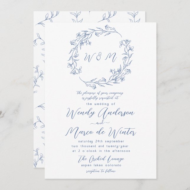 Invitación Boda botánico mínimo azul y blanco Boho (Anverso / Reverso)