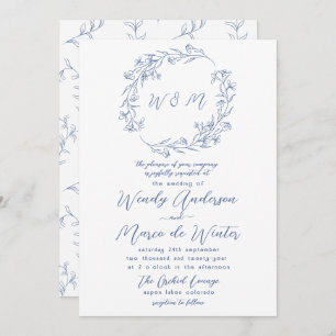 Invitación Boda botánico mínimo azul y blanco Boho