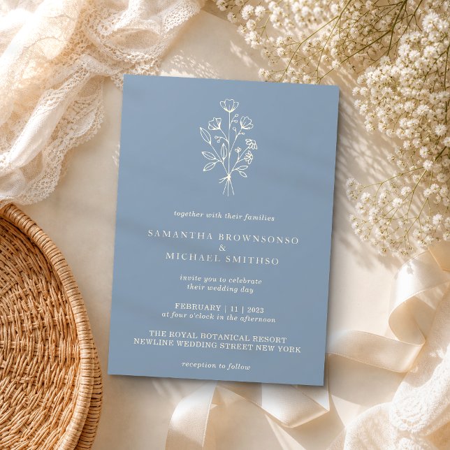 Invitación Boda Botánico Mínimo Boho Floral Azul Polvoriento (Subido por el creador)