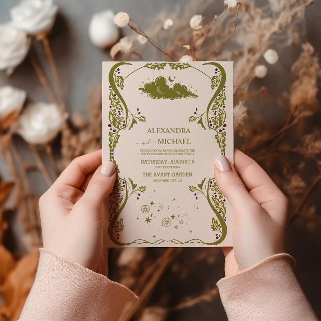 Invitación Boda botánico místico verde vintage (Subido por el creador)