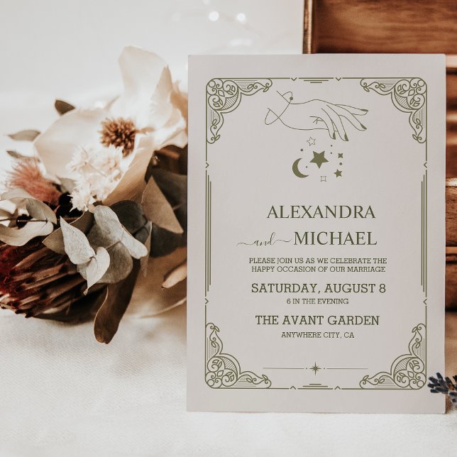 Invitación Boda botánico místico verde vintage (Subido por el creador)