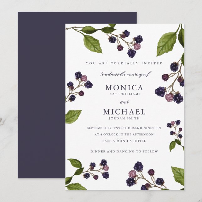 Invitación Boda botánico moderno Blueberry (Anverso / Reverso)