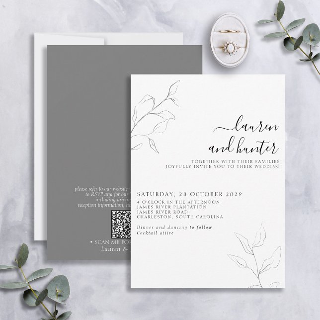 Invitación Boda botánico moderno con código QR gris con guión (Subido por el creador)