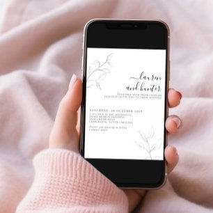 Invitación Boda botánico moderno con código QR gris con guión