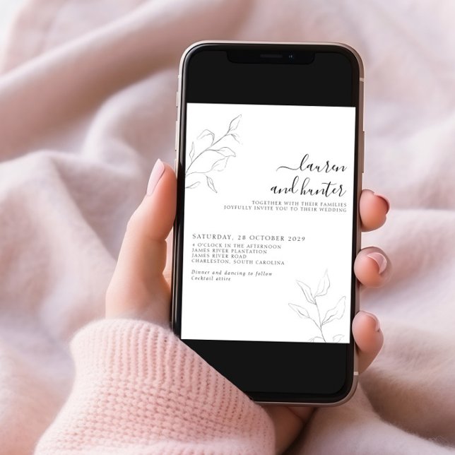 Invitación Boda botánico moderno con código QR gris con guión (Subido por el creador)