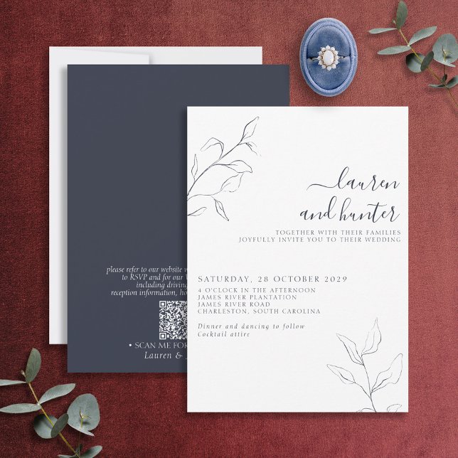 Invitación Boda botánico moderno con código QR Navy con guión (Subido por el creador)