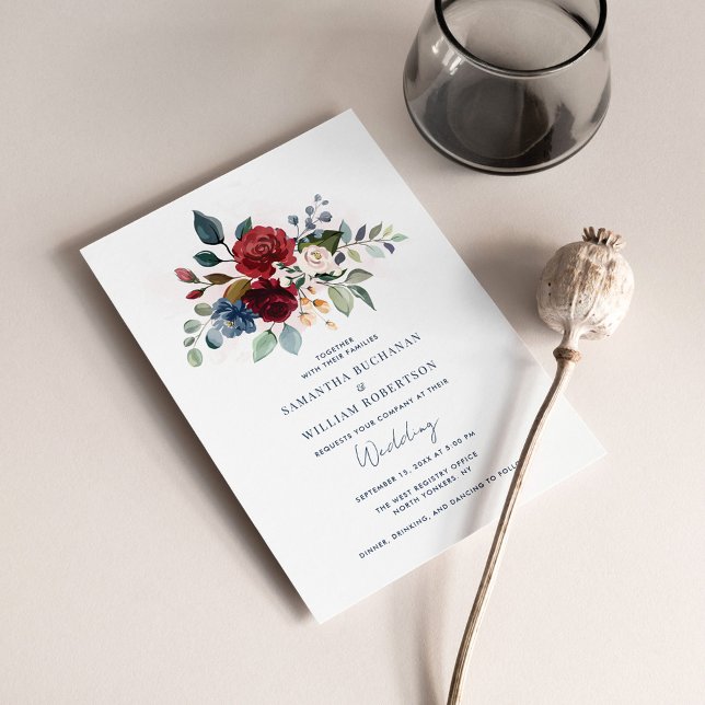 Invitación Boda Botánico Moderno de Borgoña Floral (Elegant Script Floral Wedding Invitation)