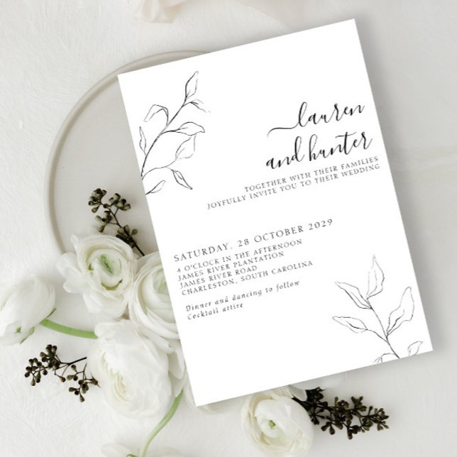 Invitación Boda botánico moderno de escritura blanca negra (Subido por el creador)