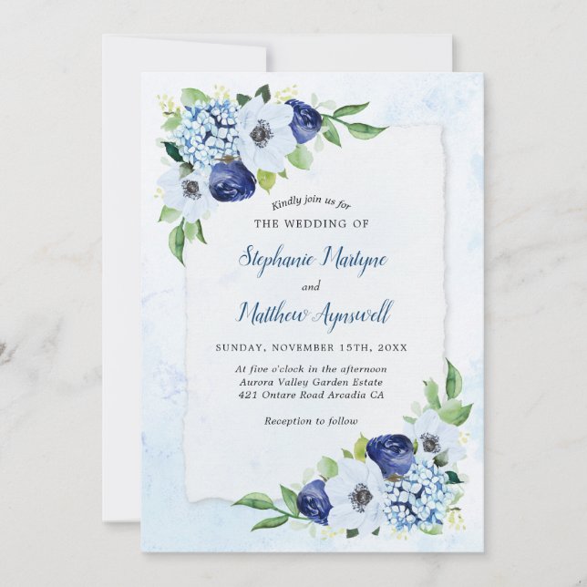 Invitación Boda Botánico Moderno Dusty Blue Floral (Anverso)