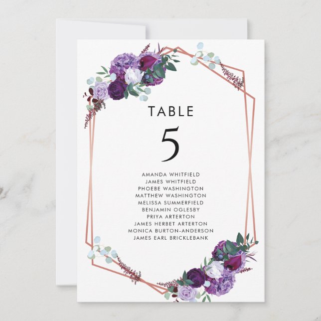 Invitación Boda Botánico Morado Floral Número de tabla (Anverso)