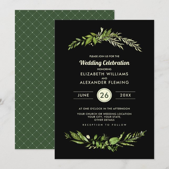 Invitación Boda Botánico Negro Verde de Wild Meadow (Anverso / Reverso)