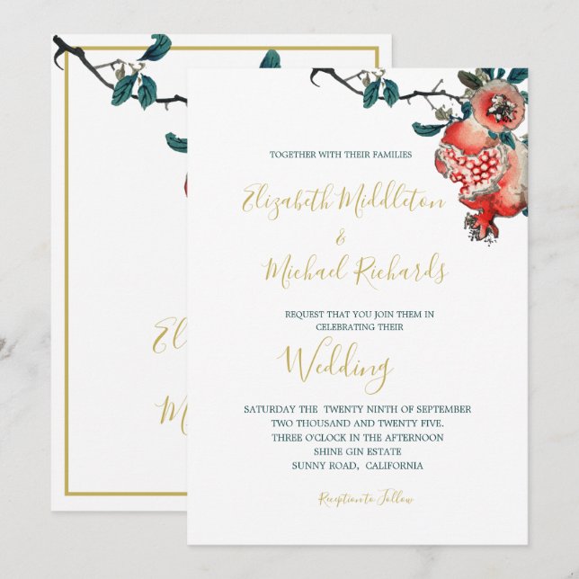 Invitación Boda Botánico Oro Elegante Pomegranato Moderno (Anverso / Reverso)