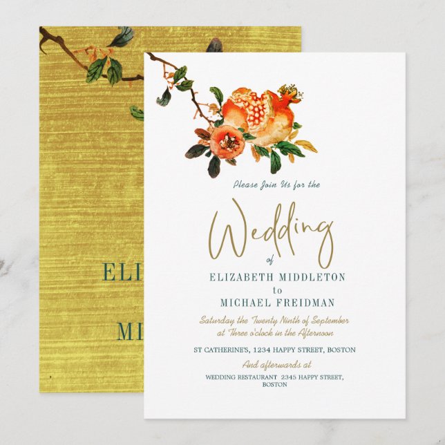 Invitación Boda Botánico Oro Elegante Pomegranato Moderno (Anverso / Reverso)
