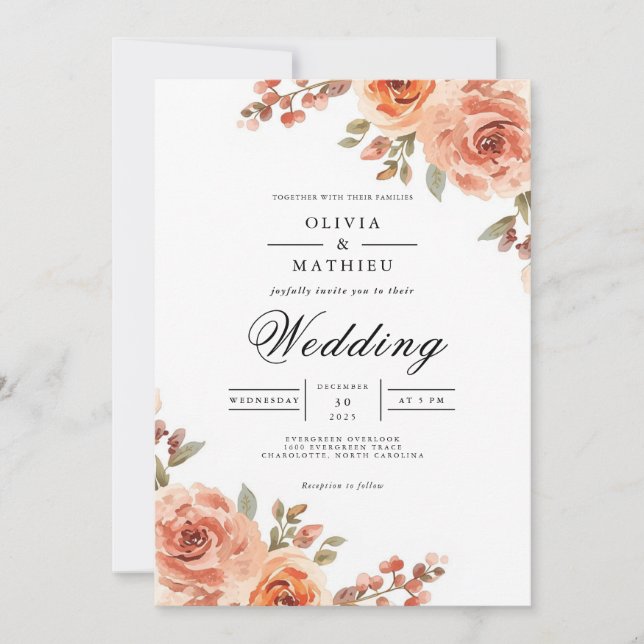 Invitación Boda Botánico Peachy Coral Bloom (Anverso)