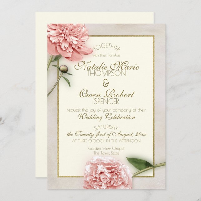 Invitación Boda Botánico Peony Rosa (Anverso / Reverso)