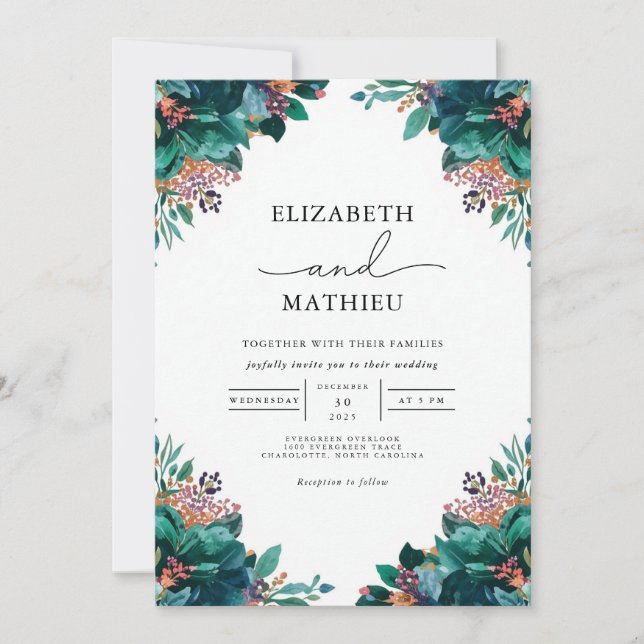 Invitación Boda Botánico Profundo Verde azulado (Anverso)
