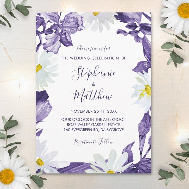 Invitación Boda Botánico Purple Iris Daisy Watercolor (Subido por el creador)