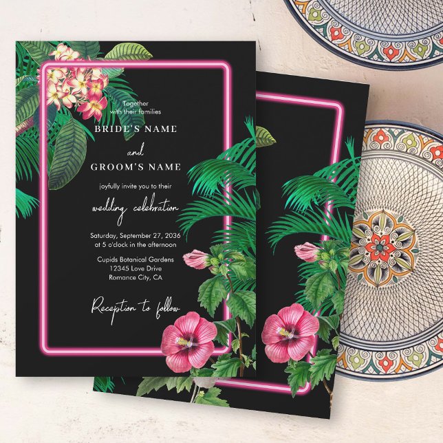 Invitación Boda Botánico Retro Tropical Neón Rosa (Neon Pink Tropical Retro Botanicals Wedding Invitation)