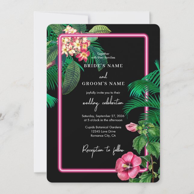 Invitación Boda Botánico Retro Tropical Neón Rosa (Anverso)