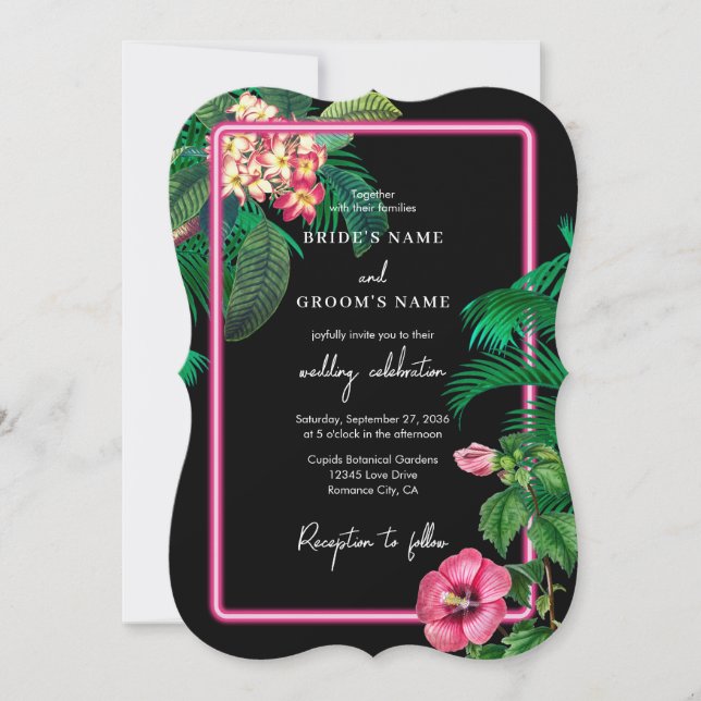 Invitación Boda Botánico Retro Tropical Neón Rosa (Anverso)