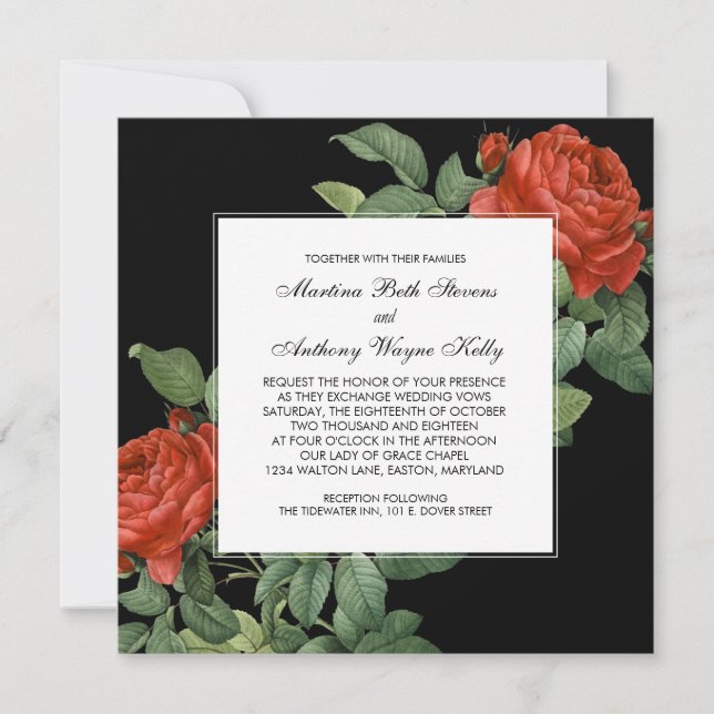 Invitación Boda Botánico Rosa Roja Vintage (Anverso)