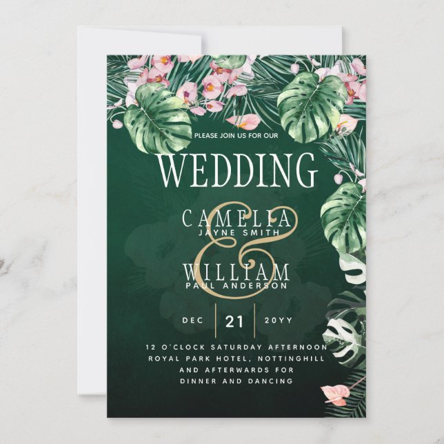 Invitación Boda Botánico Rosa Verde Tropical LeahG (Anverso)
