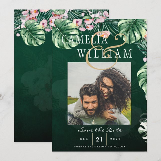 Invitación Boda Botánico Rosa Verde Tropical LeahG (Anverso / Reverso)