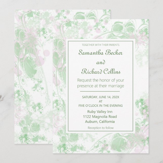 Invitación Boda botánico rosa y verde acuarela (Anverso / Reverso)