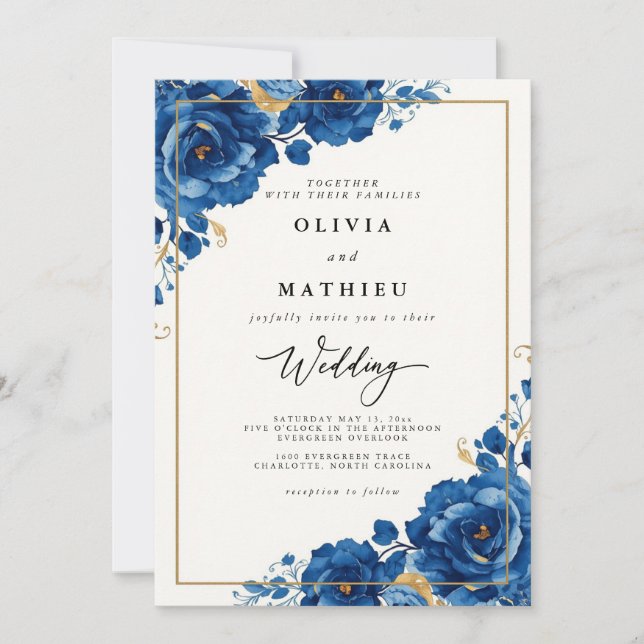 Invitación Boda botánico Royal Blue Bloom (Anverso)
