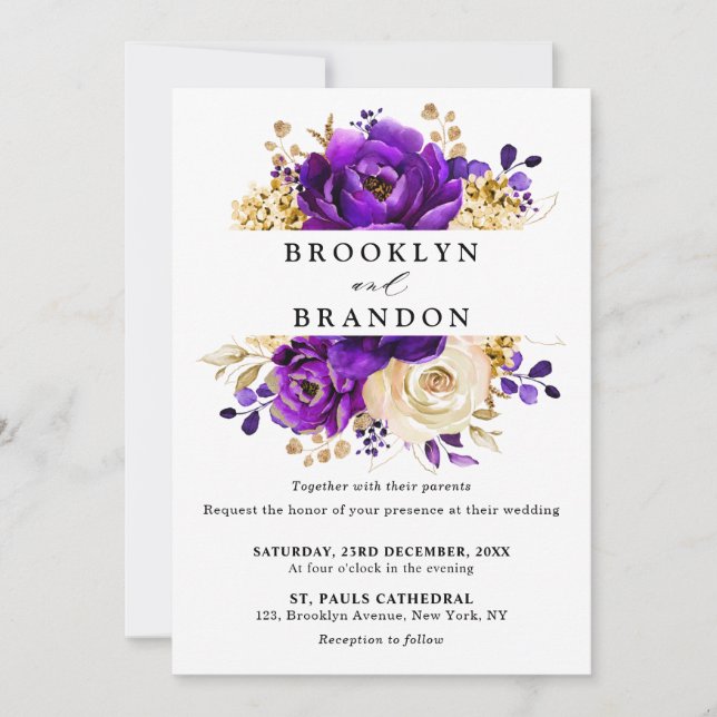 Invitación Boda Botánico Royal Purple Violet Gold Floral (Anverso)