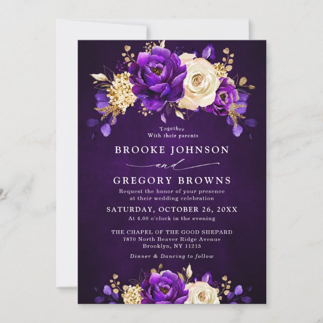 Invitación Boda Botánico Royal Purple Violet Gold Floral (Anverso)