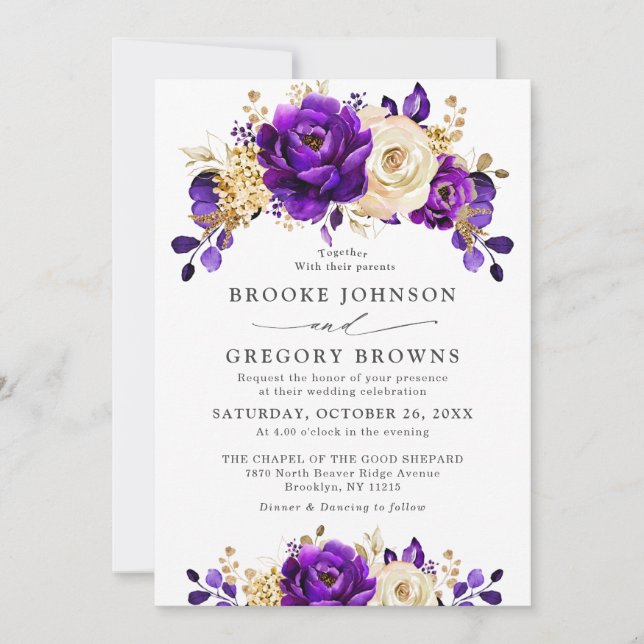 Invitación Boda Botánico Royal Purple Violet Gold Floral (Anverso)