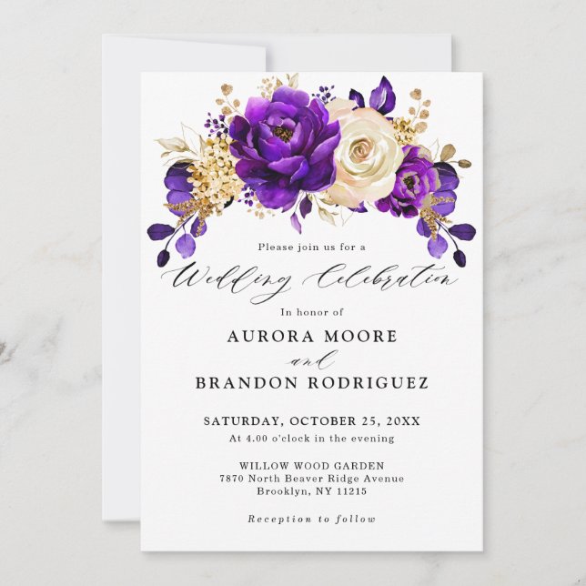 Invitación Boda Botánico Royal Purple Violet Gold Floral (Anverso)